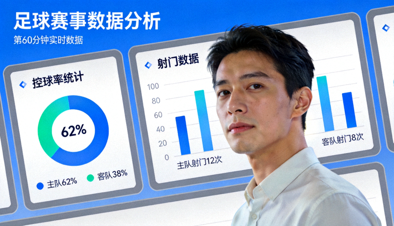 足球赛事数据分析界面，包含控球率与射门统计图表